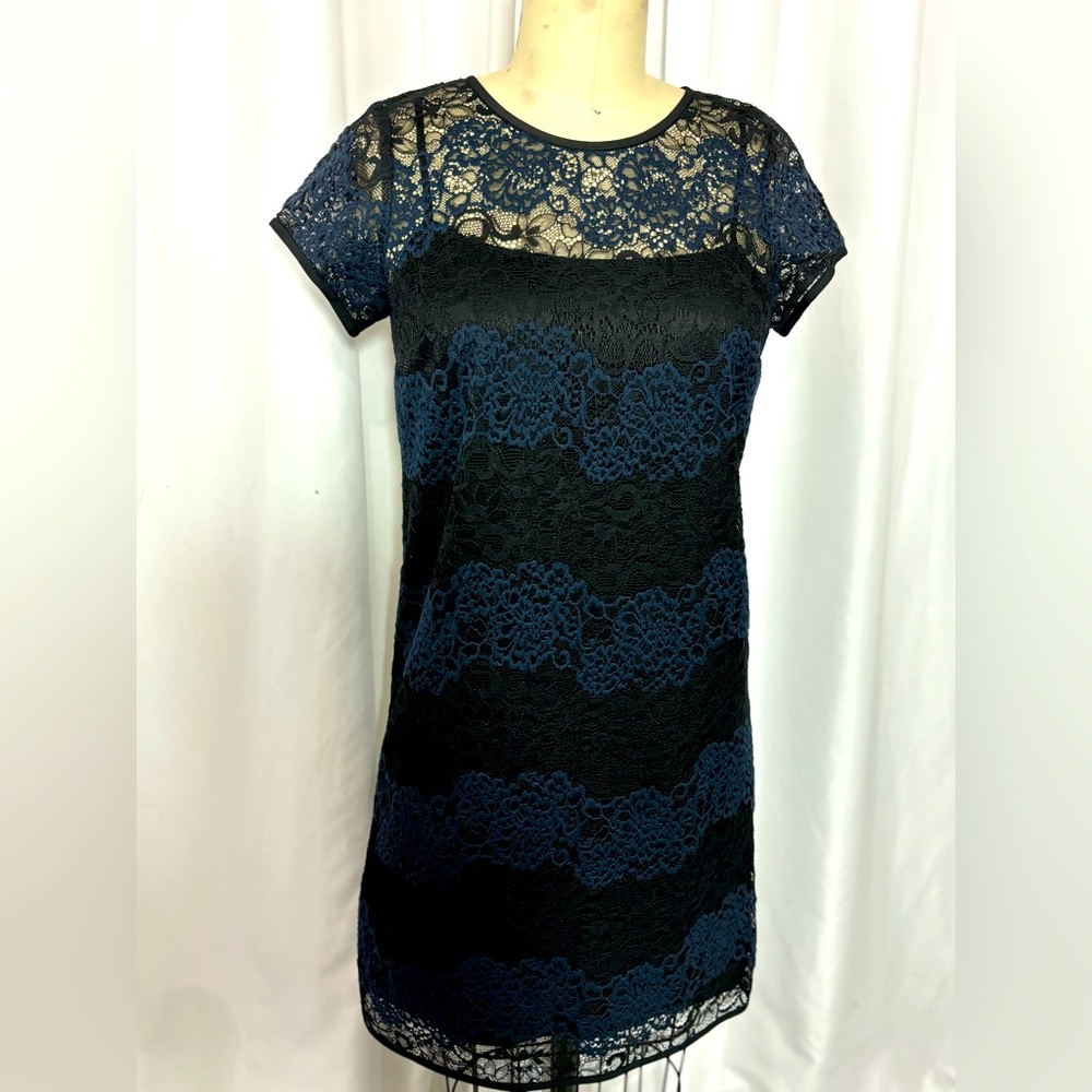 LOFT Blue Black Lace Striped A-Line Shift Dress NWT 0 X Small